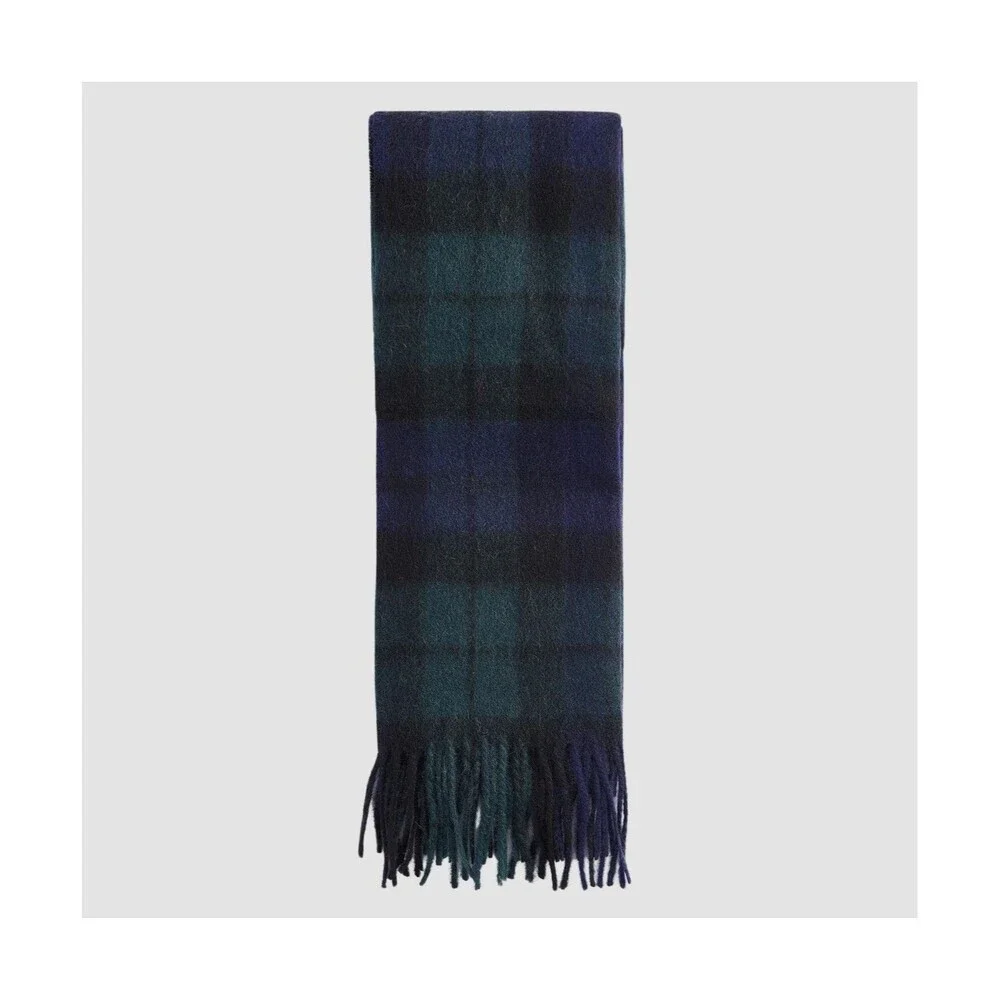 BARBOUR Mens Scarf Blue Green Tartan Plaid Blackwatch Fringe Lambswool Cashmere